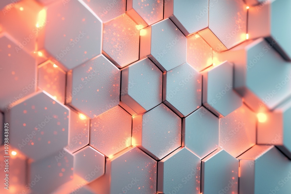 Poster abstract metallic hexagonal pattern with glowing gradient background