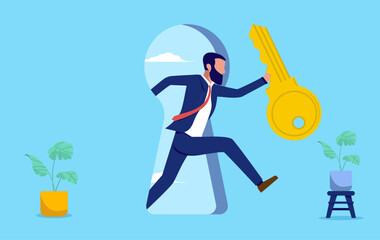 Businessman with the key to success going trough doorway opening new opportunities in career and business. Flat design vector illustration graphic