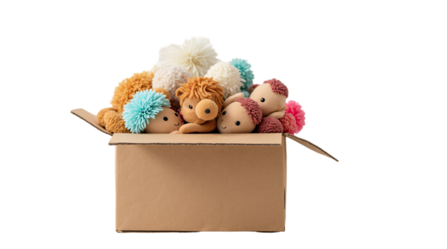 Toys in a Box for Charity Donation on Transparent Background (PNG).
