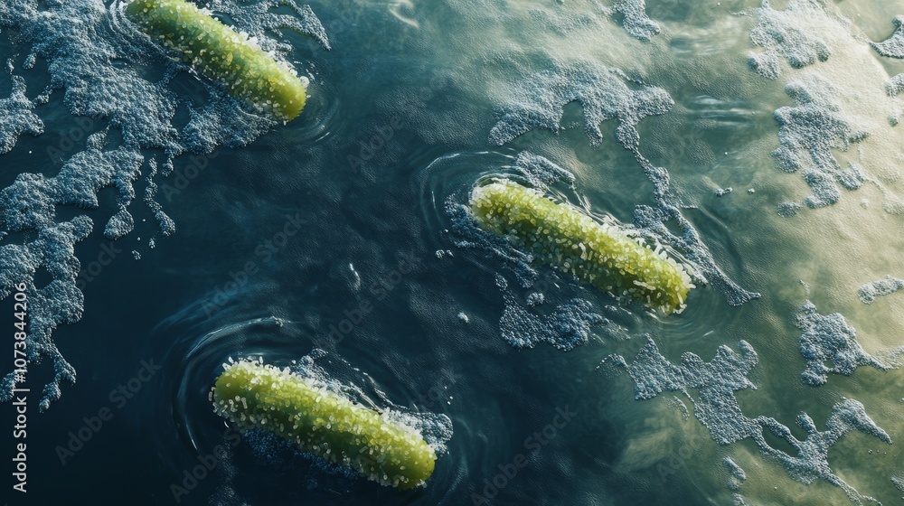 Poster stylized green bacteria float in an aquatic setting, creating ripples, symbolizing microbiological p