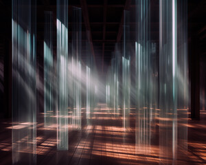 Abstract installation with vertical glass columns and soft light beams