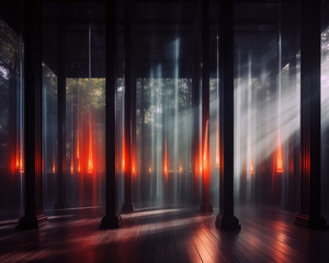 Dark room with red and orange light beams and tall pillars creating a dramatic atmosphere