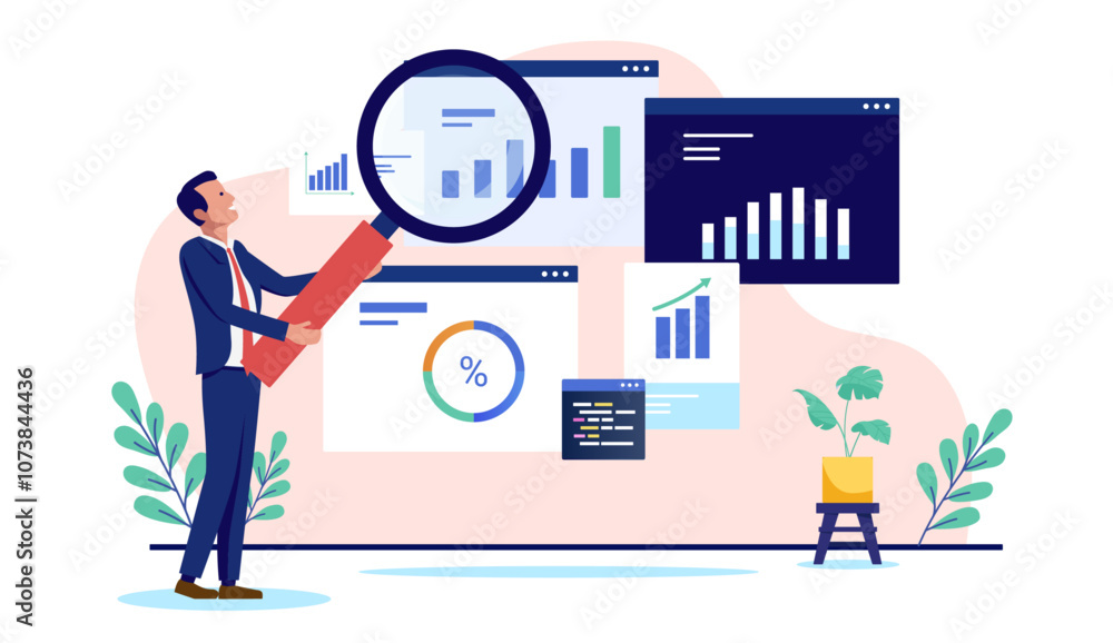 Leinwandbilder Business analytics - Businessman with magnifying glass inspecting, doing research and gaining insights from company data, charts and statistics. Flat design vector illustration on white background