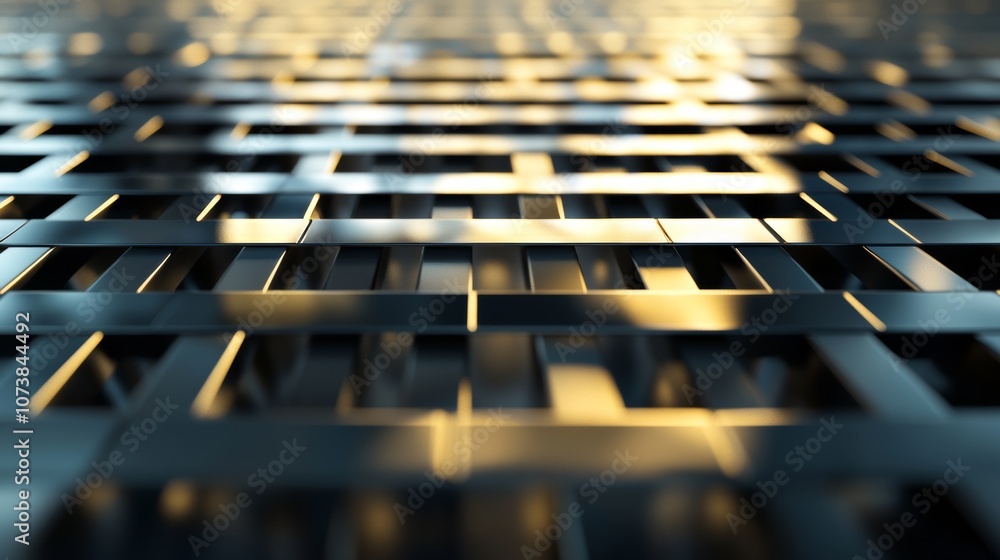 Poster a textured grid of reflective metallic tiles, illuminated by a warm golden light, creating a geometr