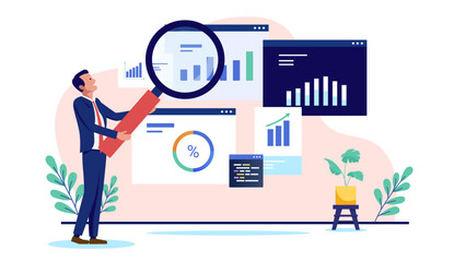 Business analytics - Businessman with magnifying glass inspecting, doing research and gaining insights from company data, charts and statistics. Flat design vector illustration on white background