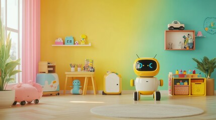 Brightly colored children's room filled with cheerful robot helpers actively engaging with toys and decorations, creating a fun atmosphere. Generative AI