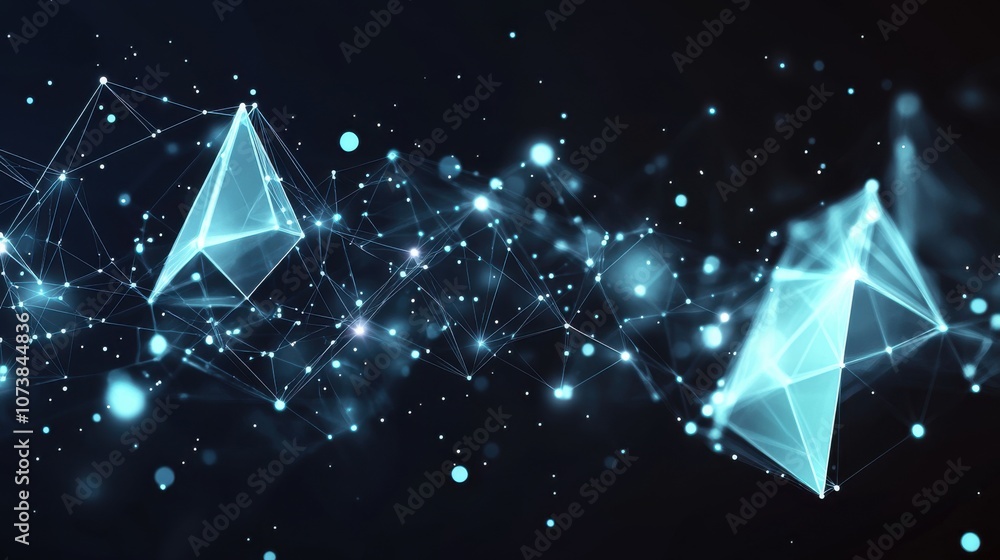 Poster abstract blue and teal geometric shapes connected by glowing lines, creating a dynamic visual on a d