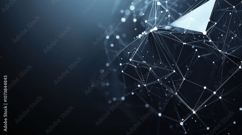 Poster abstract digital network in shades of blue and gray, showcasing interconnected nodes and lines in a 