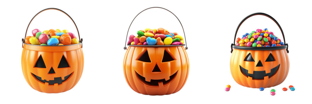 Set of A Halloween jack o' lantern bucket full of colorful candies, on a transparent background, cutout PNG file 