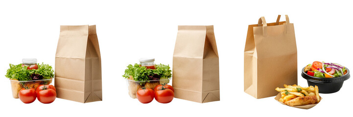 Set of A brown paper bag for food delivery isolated, on a transparent background cutout, 