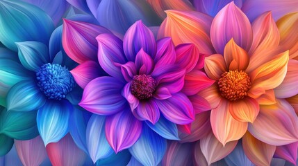 Vibrant digital artwork featuring colorful flowers in shades of blue, pink, and orange.