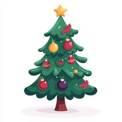 A beautifully decorated Christmas tree featuring a variety of colorful round ornaments and a star on top, set against a simple white background.