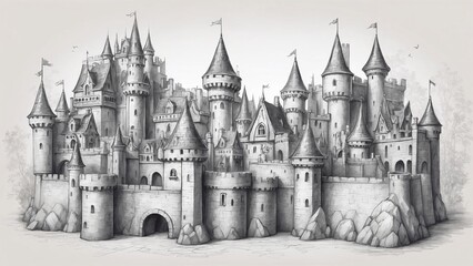 Black and white illustration of a medieval castle, detailed architecture, fantasy drawing