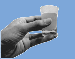 close up of hand holding shot glass of whiskey pixelate grayscale color halftone dotted texture style collage element isolated on blue background