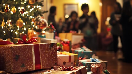 A stack of wrapped gifts with red bows sits under a Christmas tree with lights, in a warm living room. Blurred figures stand in the background.