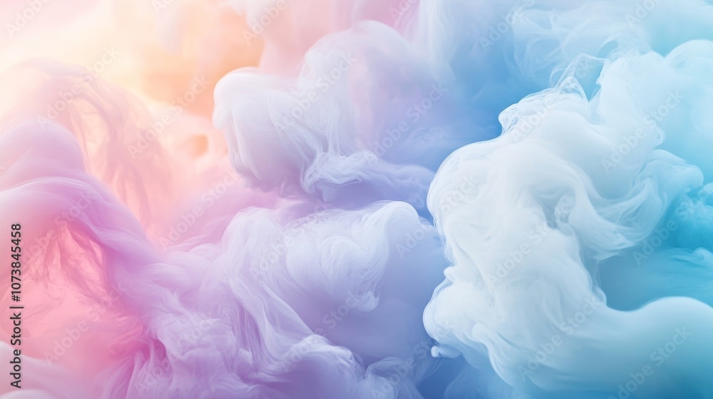 Poster abstract dreamy clouds rendered in soft pastel hues create an ethereal sensation, with a colorful, g