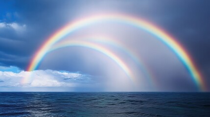 A stunning double rainbow arches over a tranquil ocean, contrasting with the dark storm clouds above.