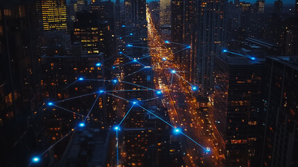 Fototapeta premium Smart digital Innovation city Business skyscrapers in the Financial District with connection network reciprocity over the cityscape at night time of future smart wireless social media networking 