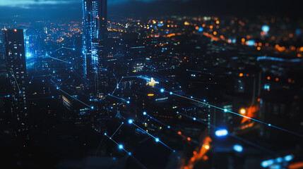 Fototapeta premium Smart digital Innovation city Business skyscrapers in the Financial District with connection network reciprocity over the cityscape at night time of future smart wireless social media networking 