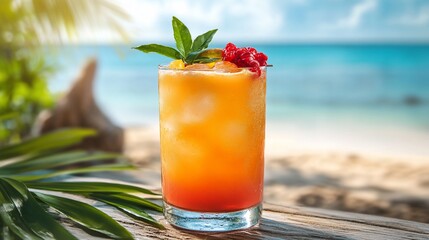 Refreshing tropical cocktail with fruit garnish on beach.
