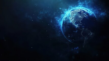 Obraz premium Global Network Concept with Blue Light Effect on Dark Background.