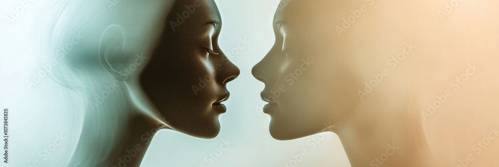 Poster Two abstract silhouettes in pastel colors highlight the themes of communication and empathy in a calm, artistic setting. Generative AI