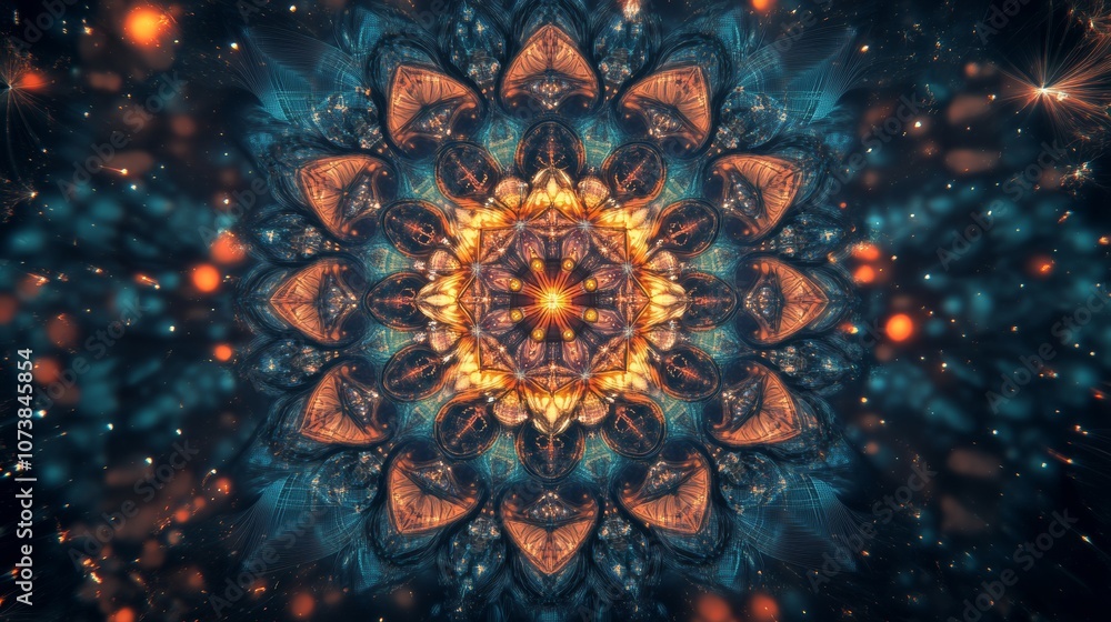 Poster An extraordinary digital mandala featuring intricate symmetrical designs and glowing elements, invoking a sense of unity and spiritual connection with its detailed patterns.