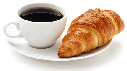 Freshly Brewed Coffee with Golden Croissant on White Plate for Breakfast