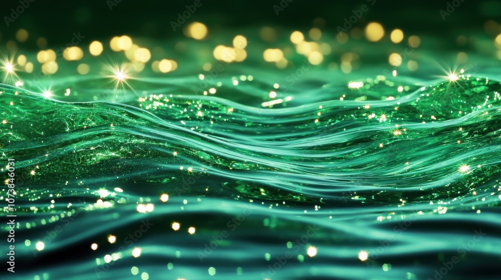 Poster a mesmerizing close-up of shimmering green waves, sparkling under soft golden lights, creating a tra
