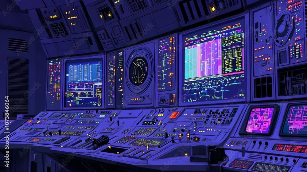 Aufkleber a control room with multiple computer screens and a large control panel