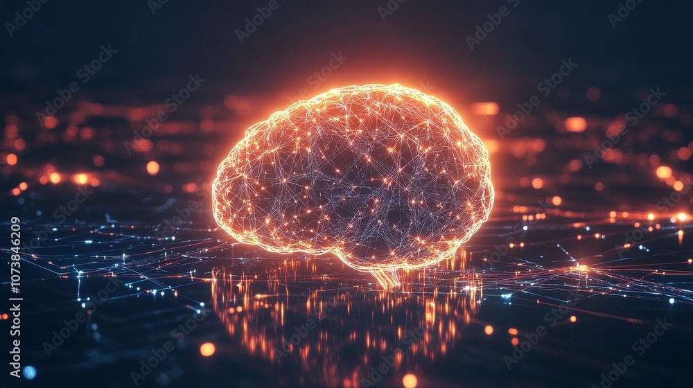 Poster a digitally rendered glowing brain resembling a neural network, illuminated with connections signify