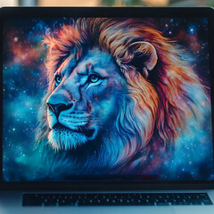 Majestic Lion Roaring Against Vibrant Cosmic Galaxy Design Wallpaper
