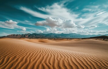 Photograph of an Endless Desert with Sand Ripples and a Dramatic Cloudy Sky