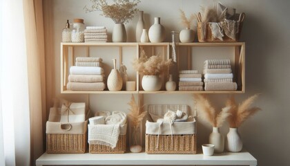 Wooden shelving unit, ceramic vases, wicker baskets, dried pampas grass, neutral color palette, minimalist decor, Scandinavian interior design, cozy home accents, textured pottery, soft lighting, beig