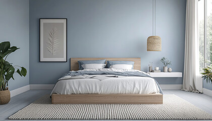 Create a picture of a Scandinavian bedroom with a minimalist Scandinavian vibe, a wide shot to capture the entire room, with white painted wooden furniture, a soft woven rug floor and a predominantly 