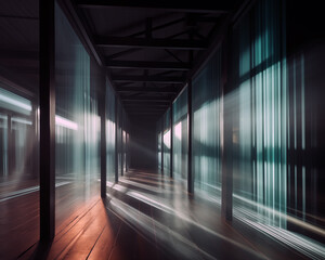 Hallway with translucent panels and soft light beams creating a mysterious atmosphere