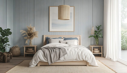 Create a picture of a Scandinavian bedroom with a minimalist Scandinavian vibe, a wide shot to capture the entire room, with white painted wooden furniture, a soft woven rug floor and a predominantly 