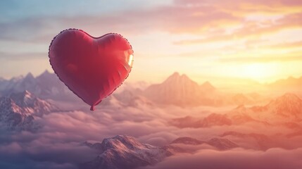 Obraz premium Heart-Shaped Balloon Drifting Over Mountain Sunrise in Dreamy Landscape