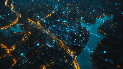 Smart digital Innovation city Business skyscrapers in the Financial District  with connection network reciprocity over the cityscape at night time of future smart wireless  social media networking 