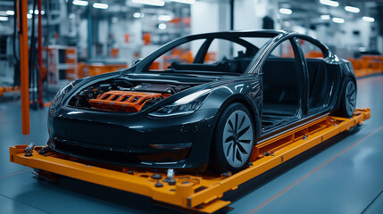 Obraz premium EV Car Model 3 Production Line: Advanced Manufacturing Process in Electric Vehicle Assembly