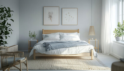 Create a picture of a Scandinavian bedroom with a minimalist Scandinavian vibe, a wide shot to capture the entire room, with white painted wooden furniture, a soft woven rug floor and a predominantly 