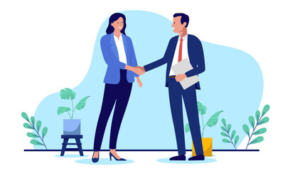 Businessman and businesswoman handshake - Man and woman shaking hands over deal and agreement in office smiling and greeting. Flat design vector stock illustration with white background
