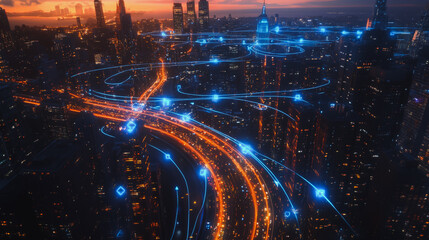 Obraz premium Smart digital Innovation city Business skyscrapers in the Financial District with connection network reciprocity over the cityscape at night time of future smart wireless social media networking 