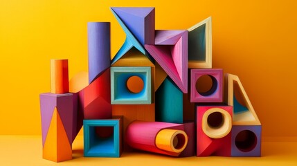 A vibrant display of multicolored geometric wooden blocks, neatly arranged to create an eye-catching harmonious pattern with various shapes and forms.