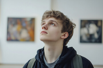 Engaged young man gazing upward in an art gallery, captivated by exhibits, reflecting on creativity and inspiration. Generative AI