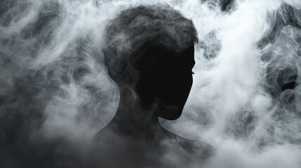 Fototapeta premium Silhouetted figure of a woman amidst swirling smoke, creating a mysterious and ethereal atmosphere.