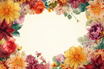 Fototapeta premium Beautiful floral border with colorful blooms and empty copy space in the center