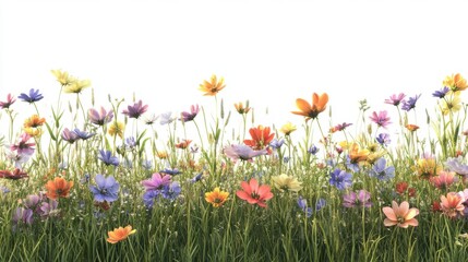 Obraz premium Vibrant wildflowers in bloom against a bright sky backdrop, creating a cheerful and colorful landscape.