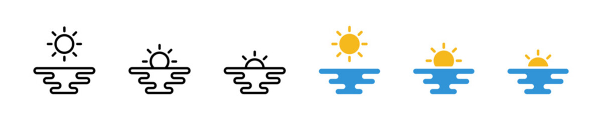 Illustration sunrise over water. Sunset horizon set icon. Morning light. Evening sky. Simple sunset sign in vector design style
