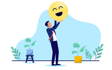 Positive business - Businessman standing holding smiley face emoji in hand with happy attitude feeling motivation and encouragement at work. Flat design vector illustration